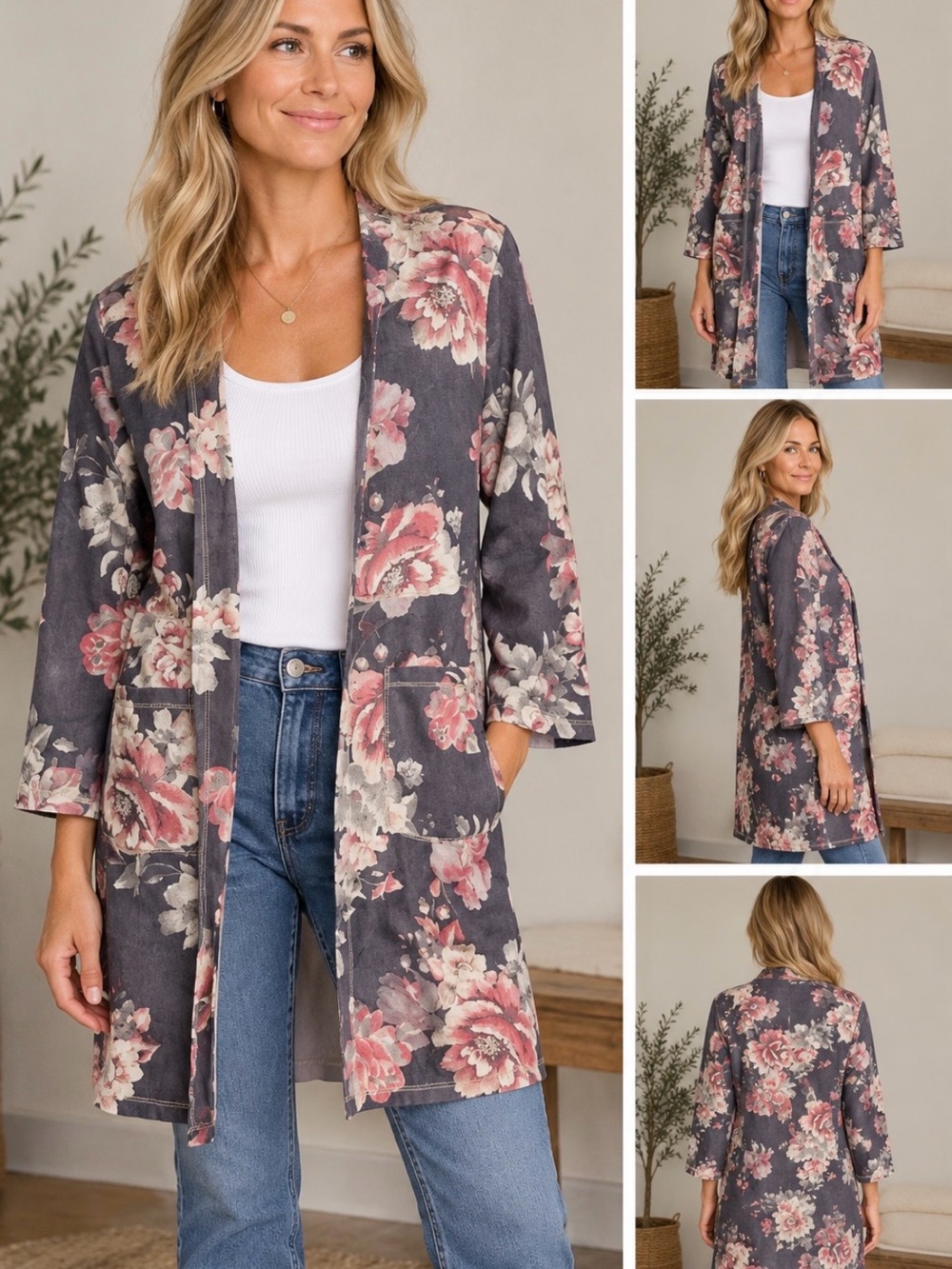 Solitaire Anthropologie Floral Faux Suede Duster Jacket Medium M Boho